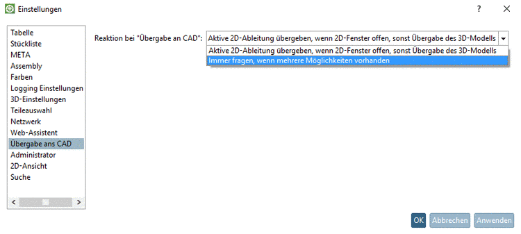 Registerseite "Übergabe ans CAD"