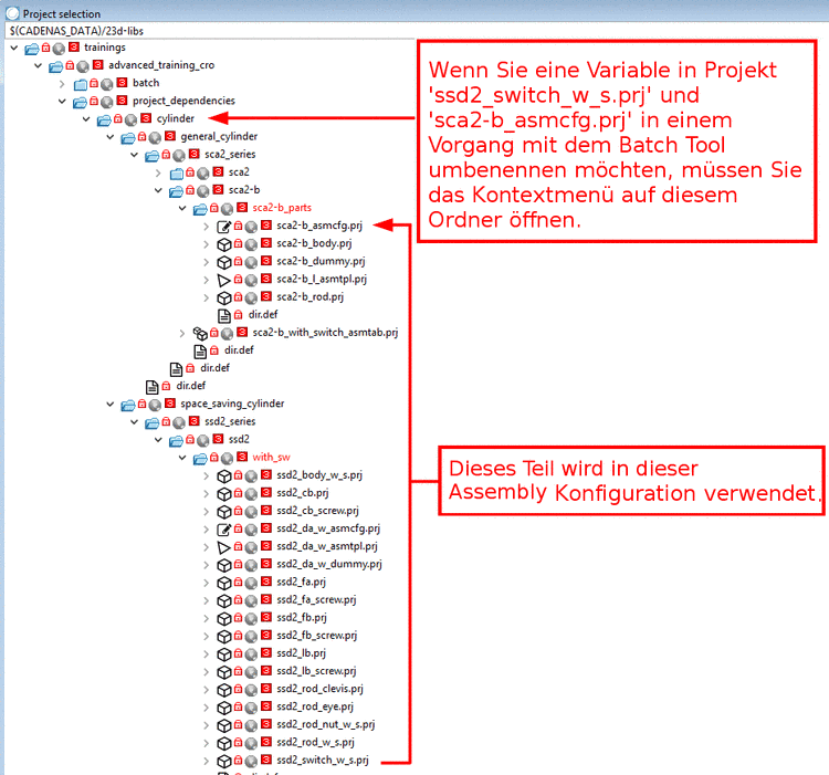 Beispiel: "ssd2_switch_w_s.prj" wird in "sca2-b_asmcfg.prj" verwendet. Erst das Verzeichnis "cylinder" ist beiden Projektdateien übergeordnet.