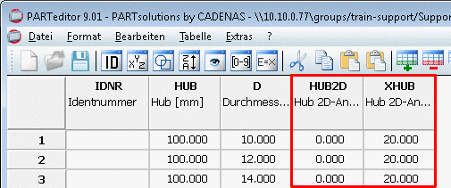 Spalten für alternatives Maß: "HUB2D" und "XHUB"