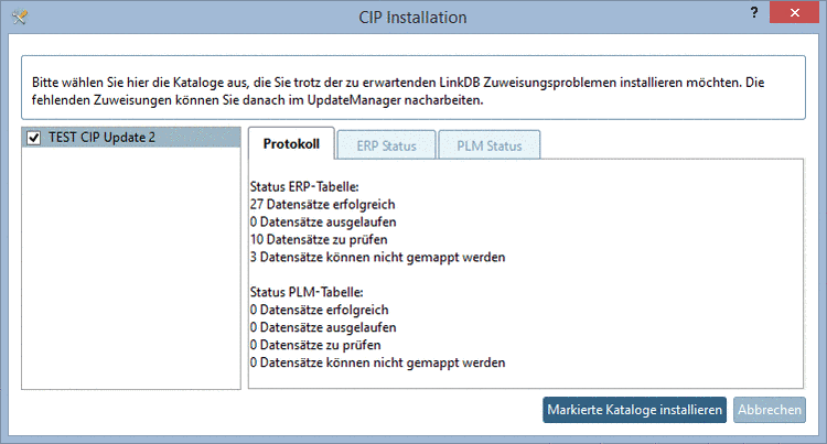Dialogfenster "CIP Installation" -> Registerseite "Protokoll"
