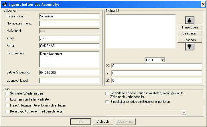 Dialogfenster Eigenschaften des Assemblys
