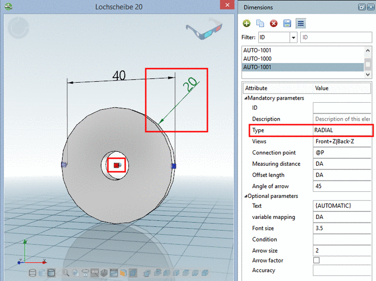 In this example the outer diameter is shown with a dimensioning of 20
