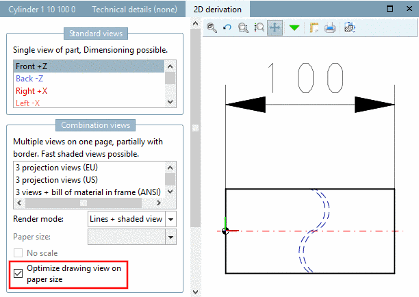 Optimize drawing view on paper size (Shortened view) activated