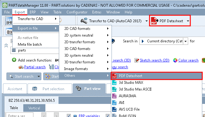 Export PDF Datasheet in PARTdataManager