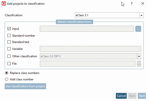 Dialog box "Add projects to classification"
