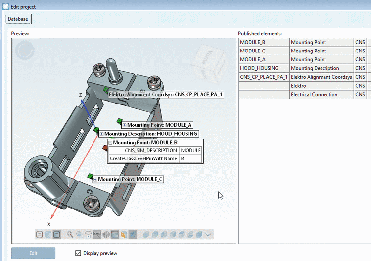 Label in the 3D view in PARTproject: <Class name> (here Mounting Point):<Value of attribute "Description">