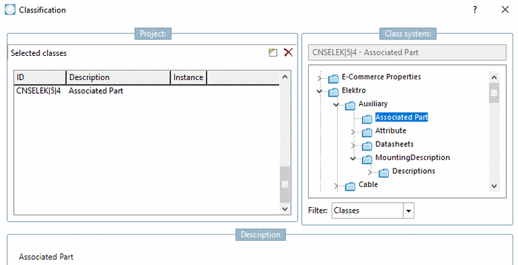 Dialog box Classification -> Class "CNSELEK|5|4" - Description "Associated Part"