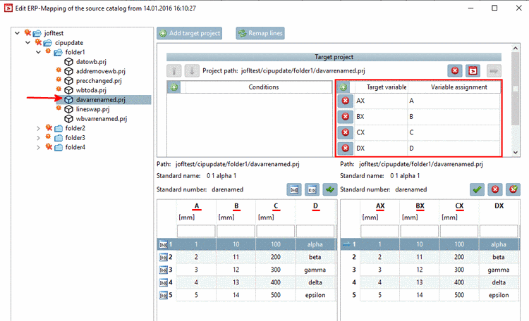 The renamed fixed variables are displayed under "Target variable/Variable assignment".