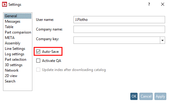 Dialog box "Settings" menu item General -> option "Automatic save"