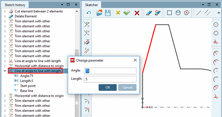 Change parameters: Launch context menu via construction step or sketch element