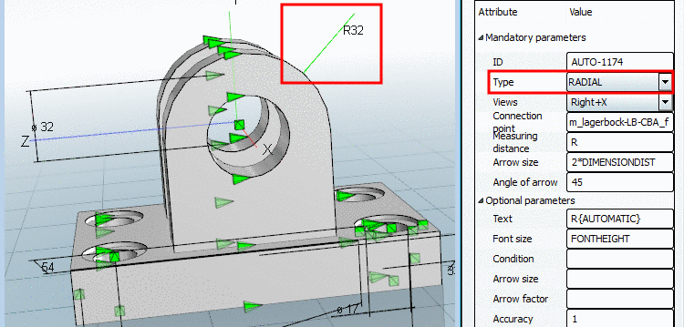Here, in the example the hole diameter of 32 mm is specified once as vertical dimensioning and once as radial dimensioning.