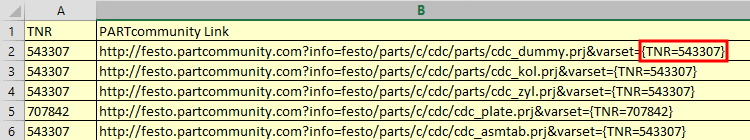 Example: Selection of "VARTSET" with the variable "TNR".