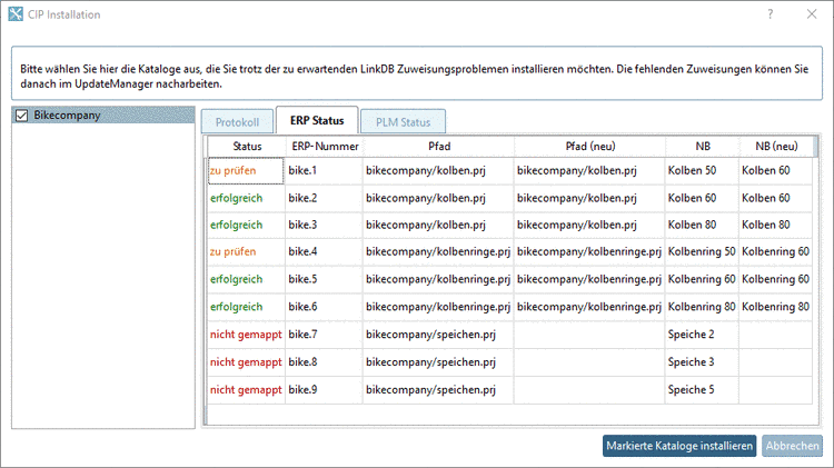Dialogfenster "CIP Installation" mit Registerseite "ERP Status":Hier im Beispiel werden verschiedene Status wie "zu prüfen", "erfolgreich" oder "nicht gemappt" angezeigt.