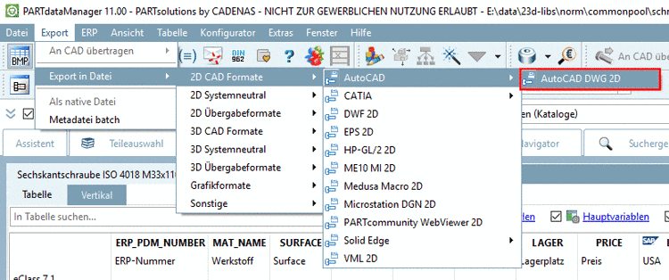 Beispiel: Export im AutoCAD DWG 2D Format