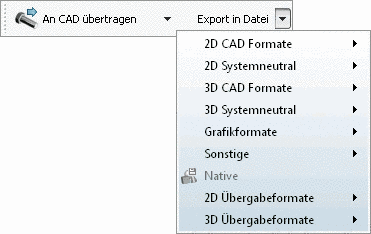 Toolbar "Export": "Export in Datei" mit Unterpunkten