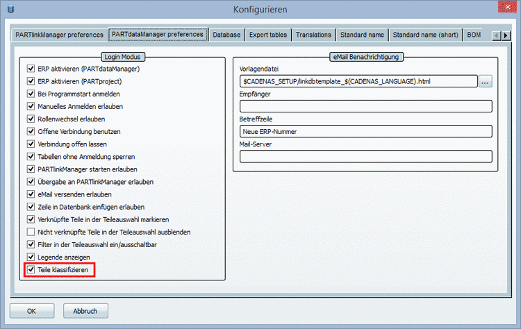 PARTlinkManager -> Extras Menü -> ERP-Umgebung konfigurieren -> Dialogfenster Konfigurieren -> Registerseite PARTdataManager Einstellungen -> Teile klassifizieren