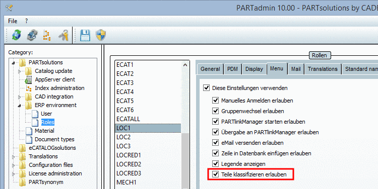 PARTadmin -> Kategorie ERP-Umgebung -> Rollen -> Registerseite Menü -> Teile klassifizieren erlauben