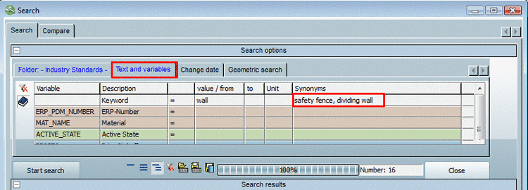 Synonym search under Text search -> dialog page Search -> tab page Search -> tab Text and variables