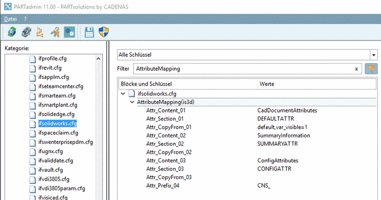PARTadmin -> Category -> PARTsolutions -> Configuration files -> $CADENAS_SETUP -> if<cadname>.cfg: Fig. exemplified for SolidWorks