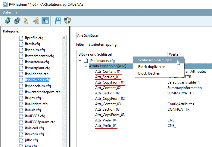 Insert key: The figure is just an example. For each CAD system the specific system key in the "Attr_Section" key must be used. This key is already inserted and may not be changed!