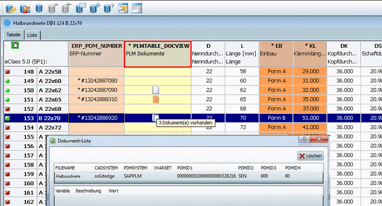 Icons in the characteristic attribute table signalize the existence of CAD documents