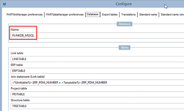 PARTlinkManager -> Extras > Configure ERP environment > tabbed page Database -> Database -> Name