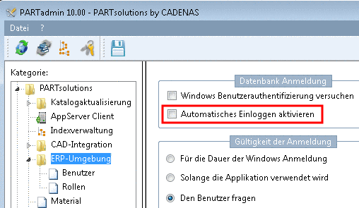 Manual database login in PARTdataManager