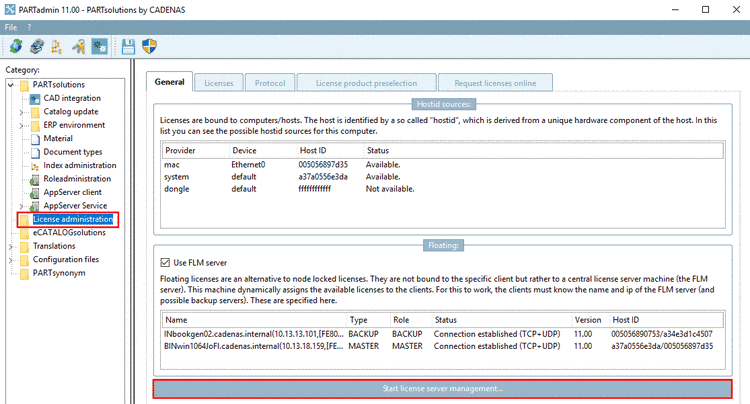 License administration - Tabbed page "General"