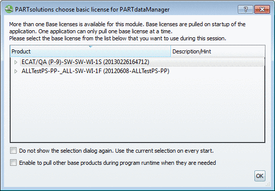 Example: Select PARTsolutions basic license for PARTdataManager
