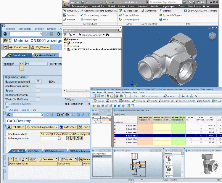 CAD system in interaction with CADENAS PARTsolutions, SAP MM and SAP CAD-Desktop