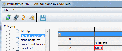 PARTadmin: Configuration of the material selection in PARTdataManager
