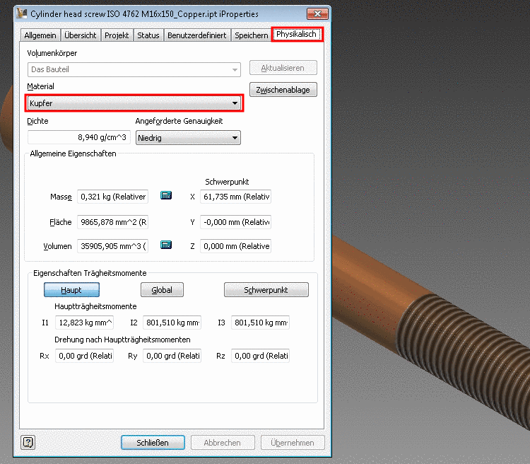 Inventor iProperties -> Tabbed page "Physical"