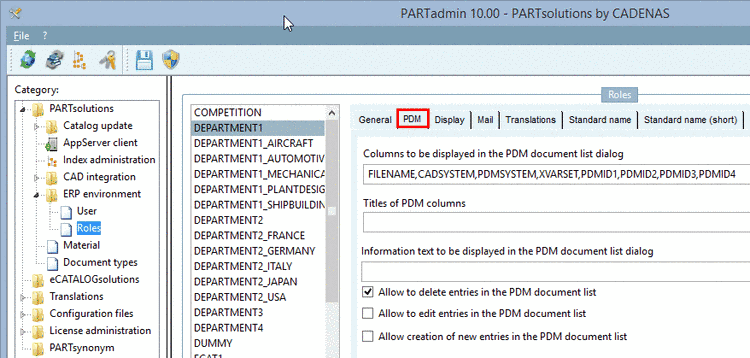 PARTadmin, tabbed page PDM