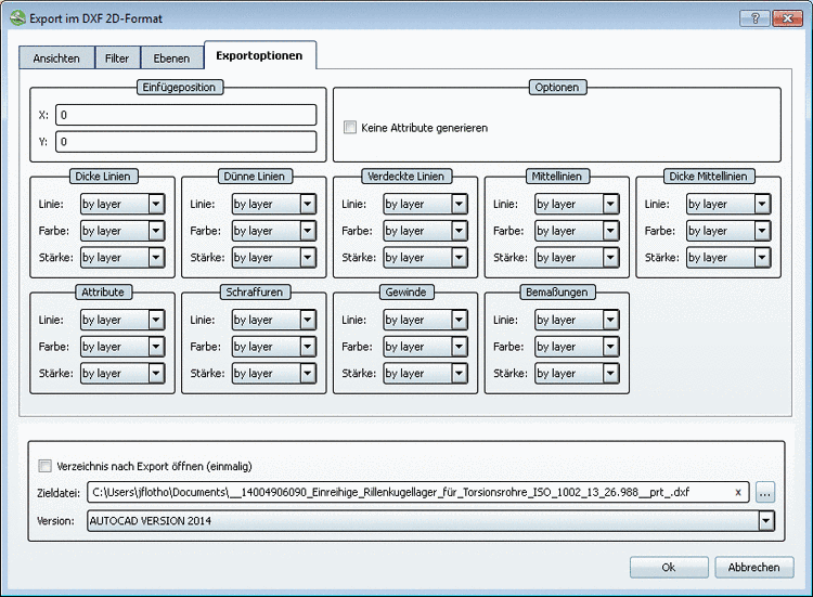 Registerseite "Exportoptionen" - DXF 2D (binary)