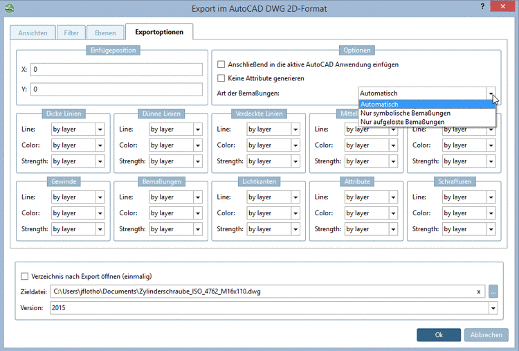 Registerseite "Exportoptionen" - AutoCAD DWG 2D