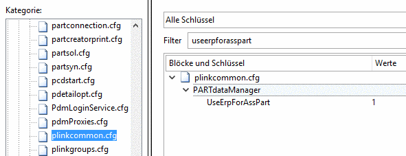 Konfigurationsdatei plinkcommon.cfg -> Block PARTdataManager -> Schlüssel UseErpForAssPart