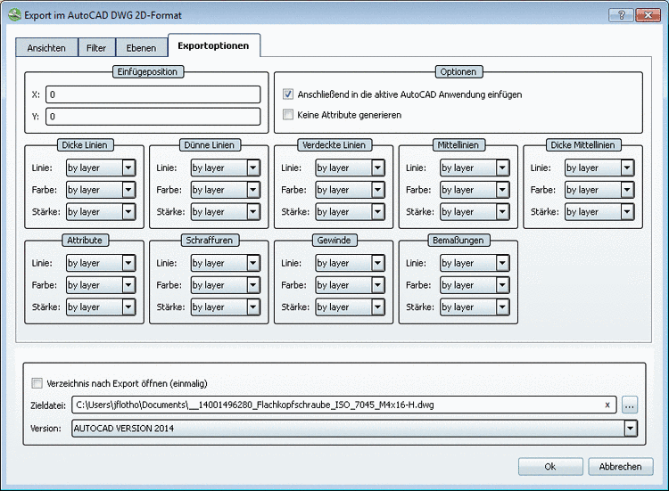 Registerseite "Exportoptionen" - AutoCAD DWG 2D