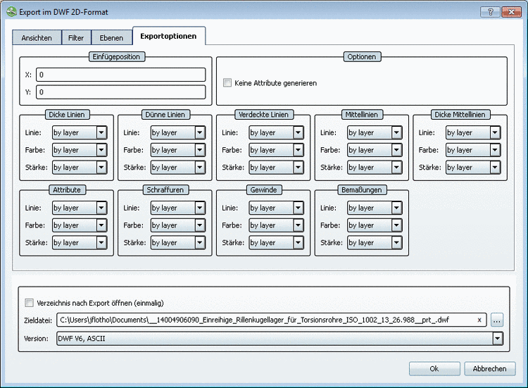 Registerseite "Exportoptionen" - AutoCAD DWF 2D