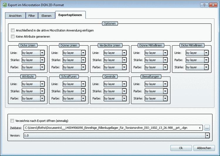 Registerseite "Exportoptionen" - Microstation DGN 2D