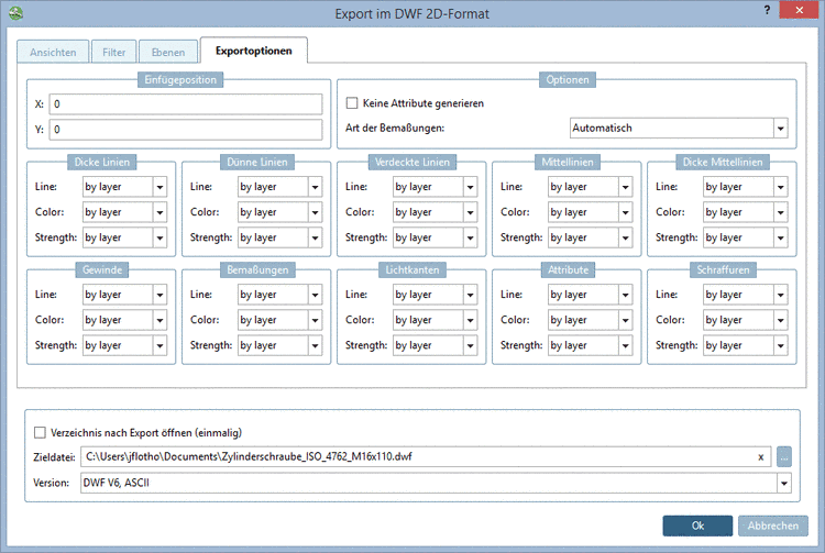 Registerseite "Exportoptionen" - AutoCAD DWF 2D