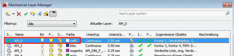 Beispiel: Mechanical-Layer-Manager: AM_0 = weiß. Das eingefügte Teil wird mit weißer "Dicker Linie" dargestellt.