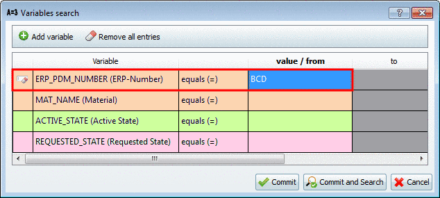 "Variables search" dialog box