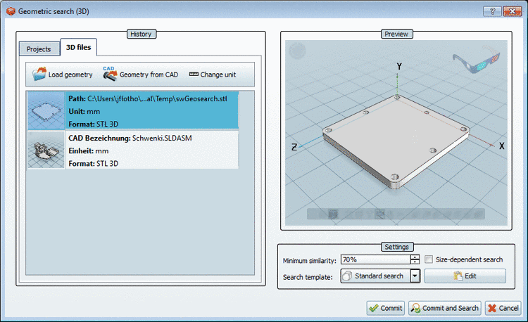 "Geometric search (3D)" dialog box