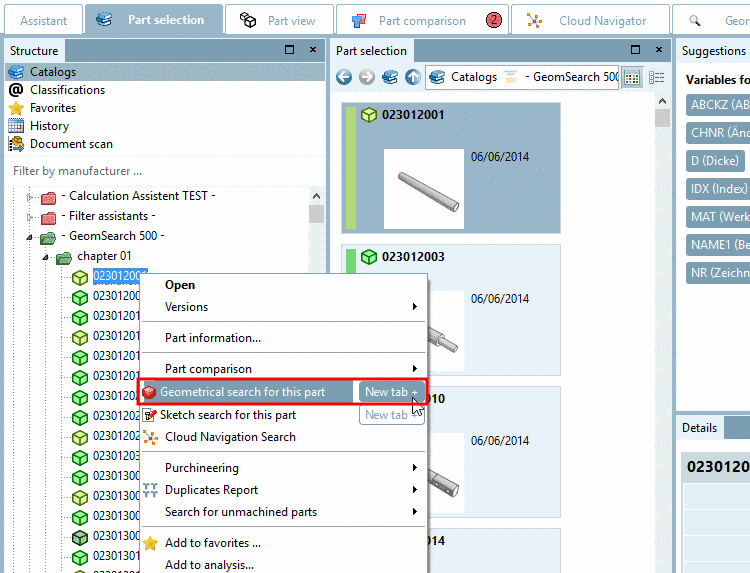 Example: "Geometrical search for this part" on the "Catalogs" tabbed page