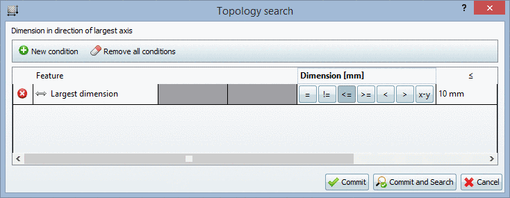 Example: Topology search with "Largest dimension" <=10