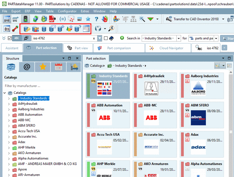 PARTdataManager with ERP functionality: Part selection