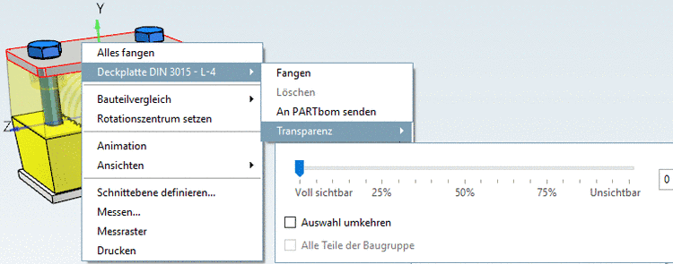 Context menu: Assembly - 3D view - Call on selected parts - Submenu "Selected part" -> "Transparency"