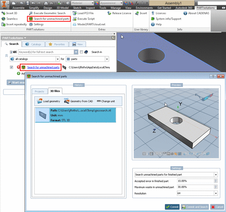 Example: Call of "Search for unmachined parts" from Inventor