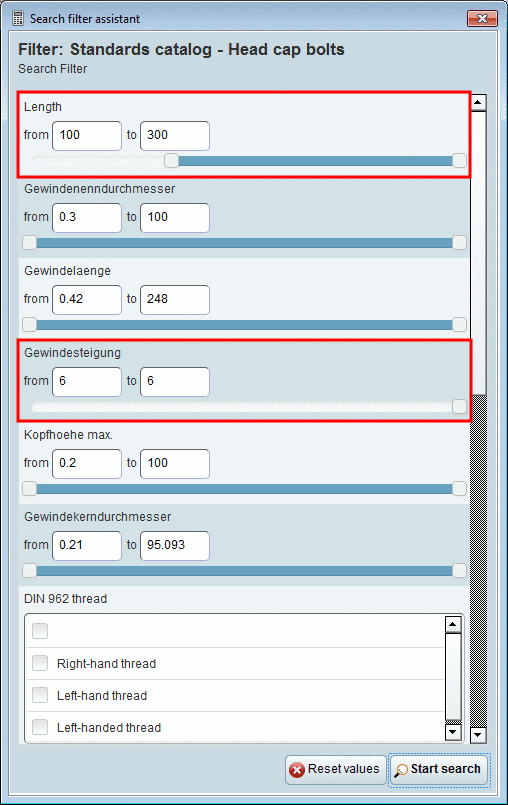 Fig. shows the upper half of the Search filter assistant. In this example only settings for "Length" and "Pitch" are made.