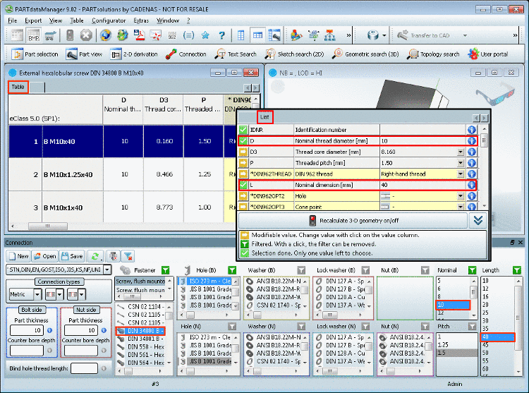 In the "Connection" dialog area "Nominal" and "Length" are pinned. The list view adapts this information.